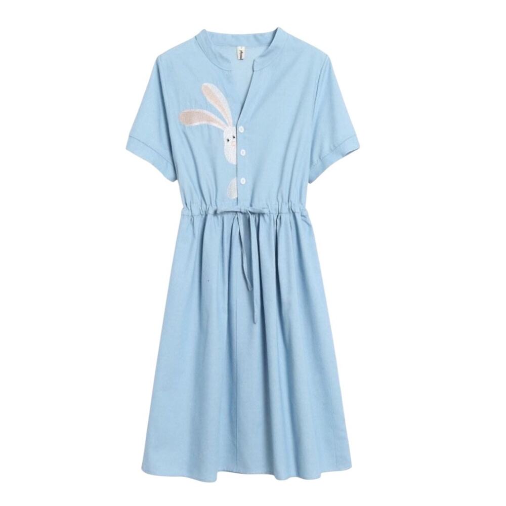 Blue Chambray Bunny Embroidered Dress Cottagecore Rabbit Novelty Whimsical Small